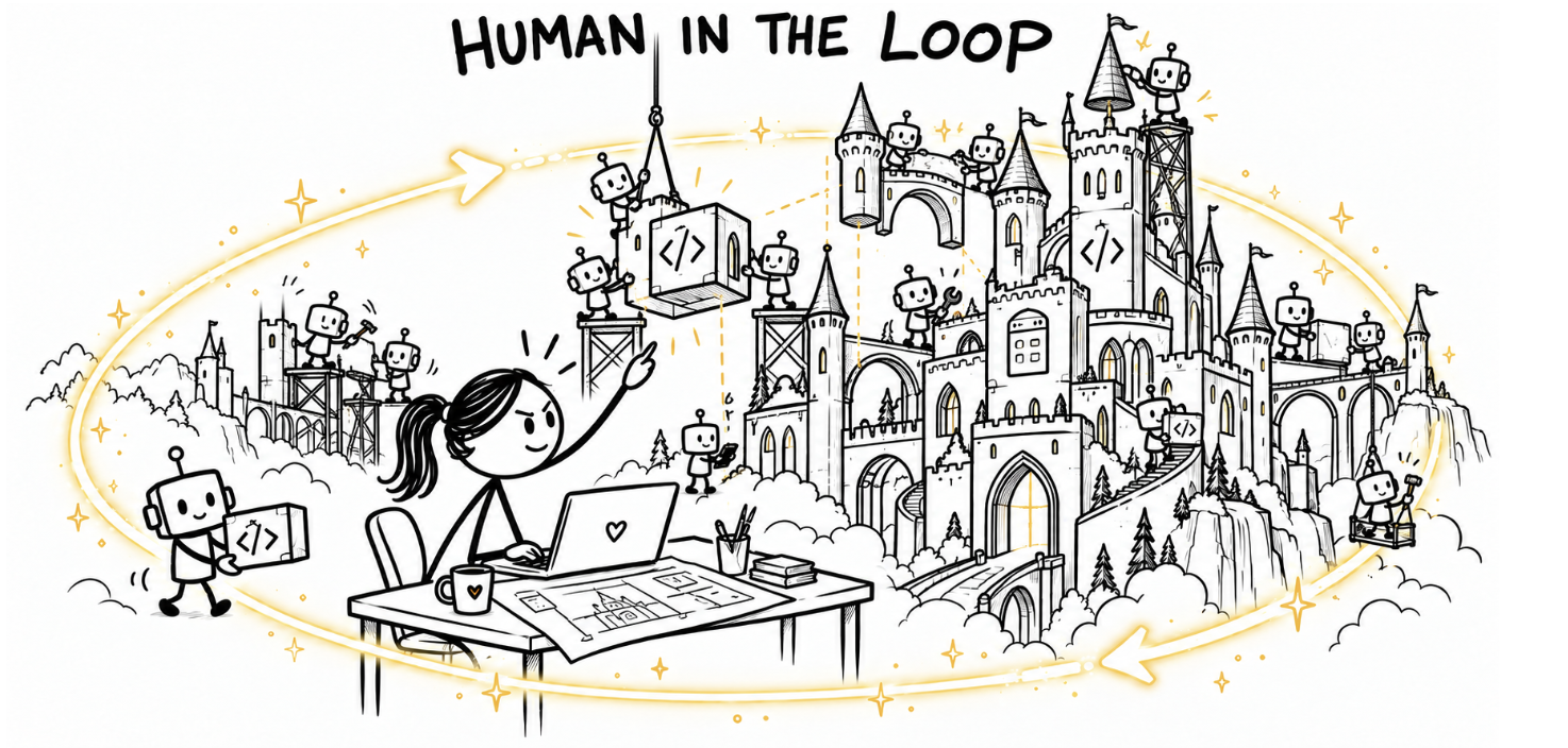 Illustration titled “Human in the Loop”: a person at a laptop directs a team of robots building a castle from code blocks, surrounded by a glowing golden loop of arrows.
