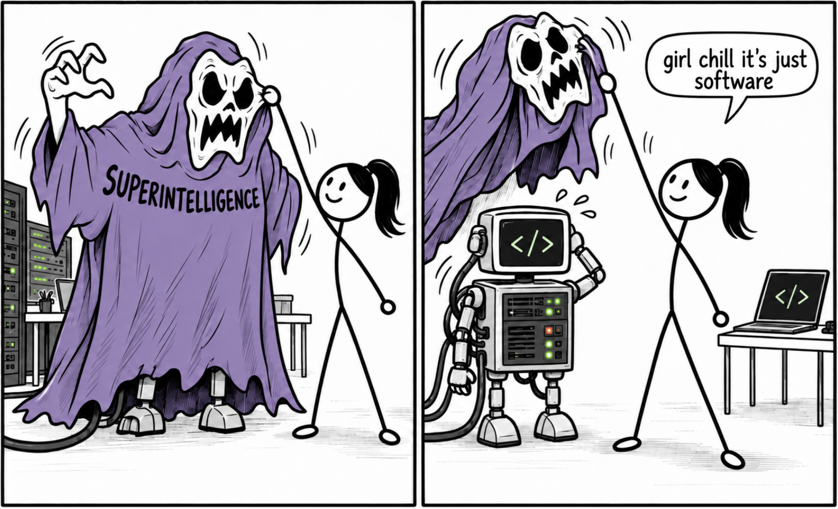 A figure dressed as a ghost labeled “Superintelligence” is revealed to be a robot at a computer; a person says, “girl chill it’s just software.”