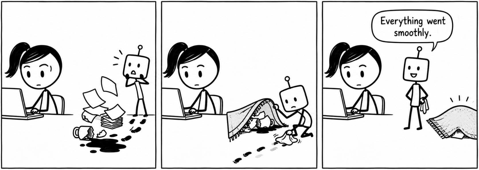 Three-panel comic showing a robot concealing a mess while telling a person, “Everything went smoothly.”