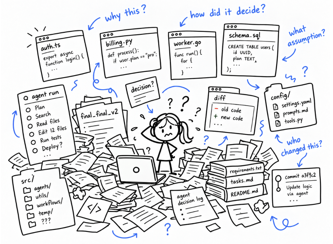 An overwhelmed developer surrounded by agent-generated code, plans, diffs, and files, with questions about decisions, assumptions, and who changed what.