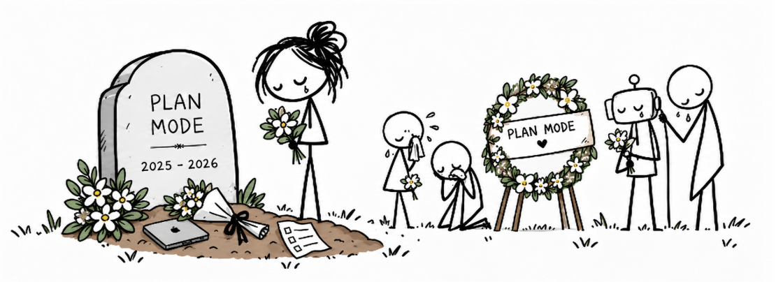 Humans and a robot mourn beside a gravestone labeled “Plan Mode, 2025–2026,” with flowers, a laptop, a checklist, and a memorial wreath.